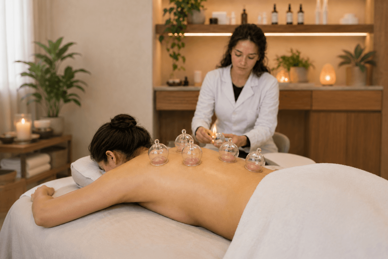 Acupuncturist fire cupping service on a patient