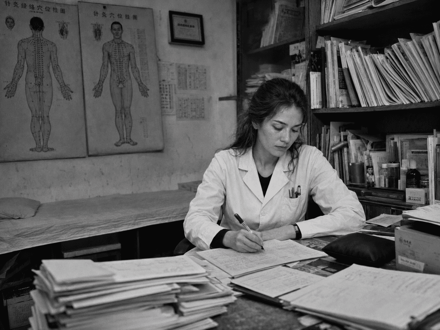A practitioner buried in paperwork after hours
