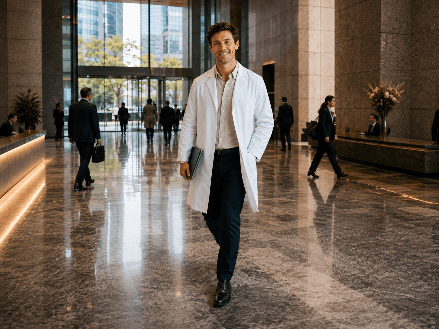 Male doctor in a modern clinic lobby